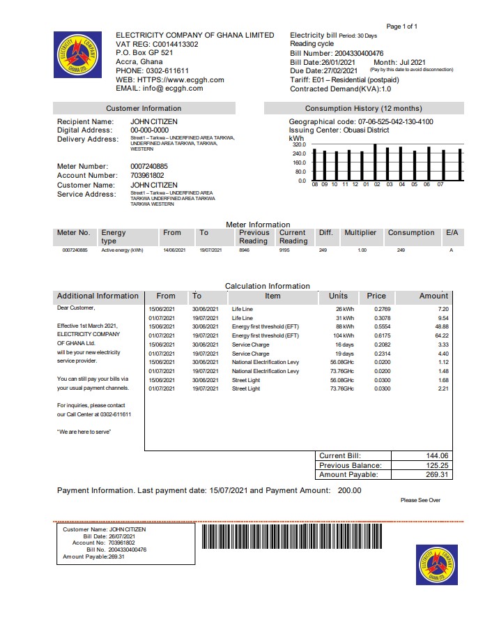Ghana Electricity Company of Ghana utility bill